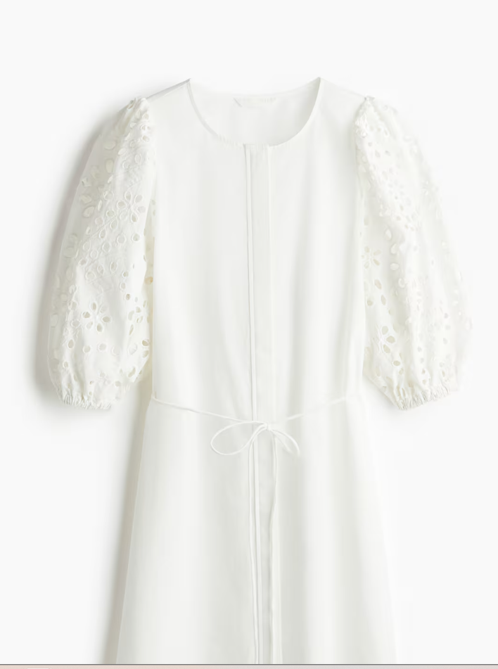 HandM Dress with Eyelet-Embroidered Sleeves, Medium