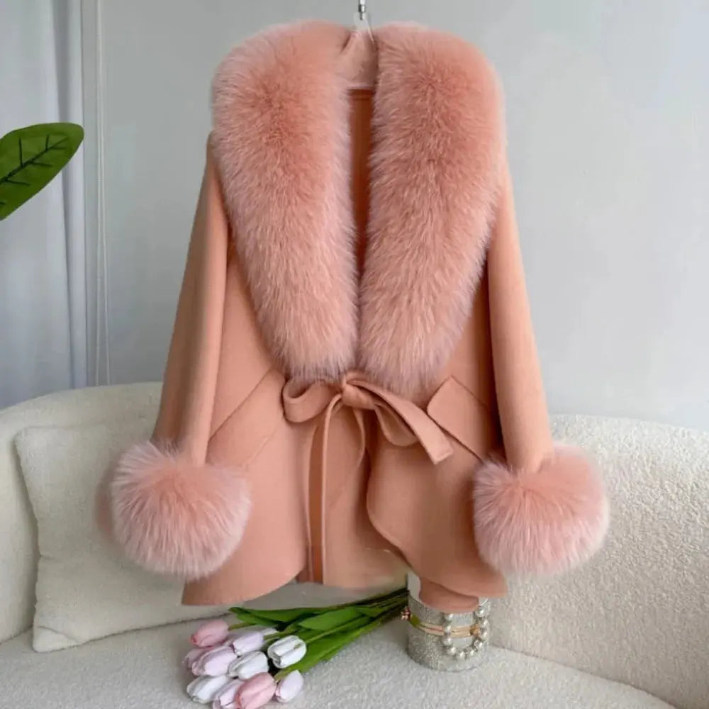 Luxury Wool Blend Cape with Detachable Fur Collar