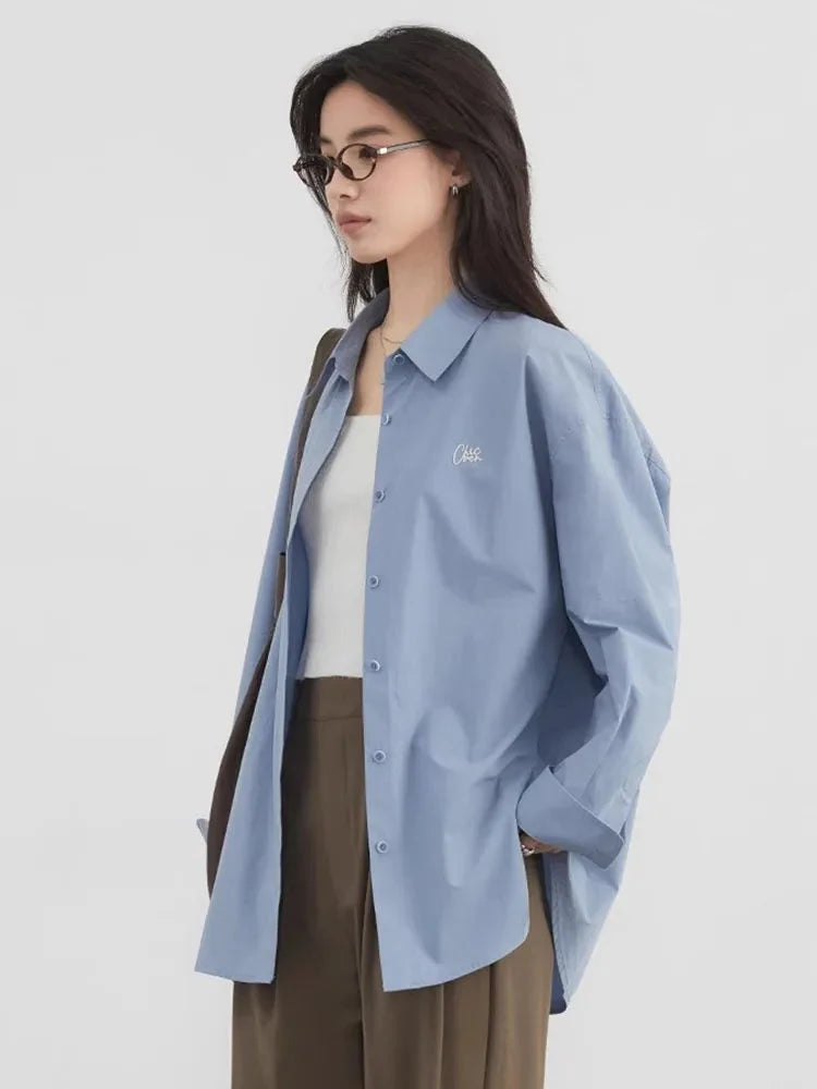 Loose Cotton Blue Shirt Casual Long-Sleeved Blouse