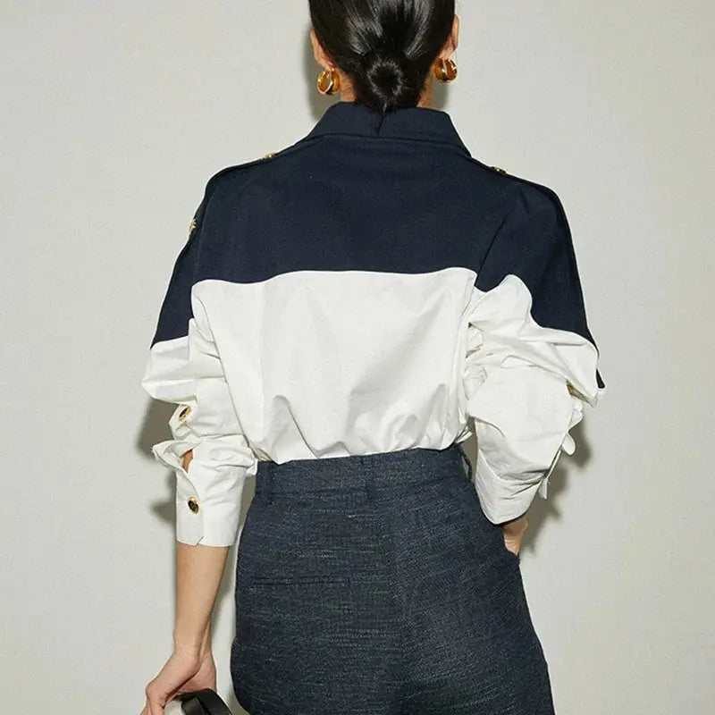 Contrast Patchwork Long-Sleeve Blouse