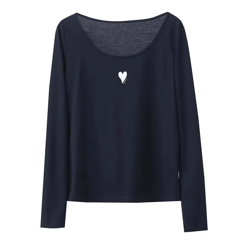 U-Neck Contrast Print Tee Long Sleeve Cotton Basic