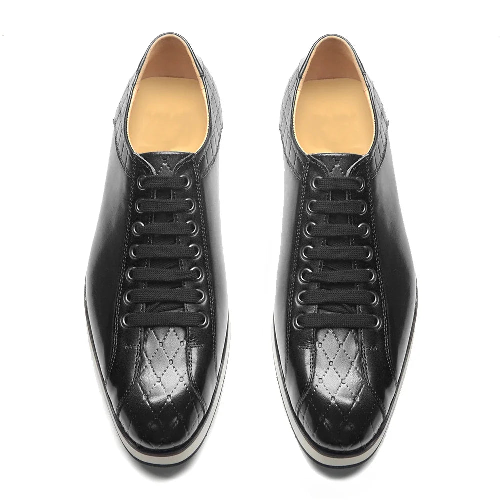Europe 2024 Fall Luxury Men's Genuine Leather Plaid Casual Shoes | Black & Dark Brown Business Sneakers (Height Increasing)