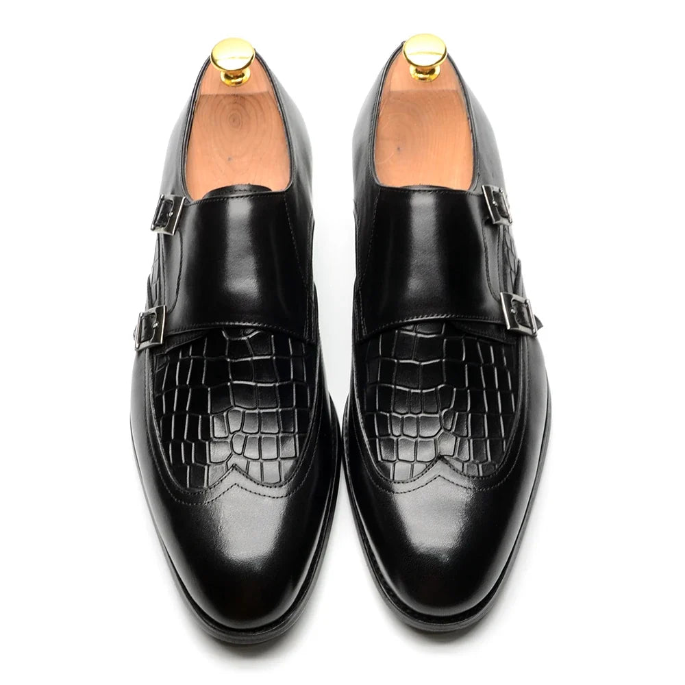 Elegant Men's Genuine Leather Monk Strap Shoes | Stone Pattern Print Double Buckle & Cap Toe (Business, Party, Social)