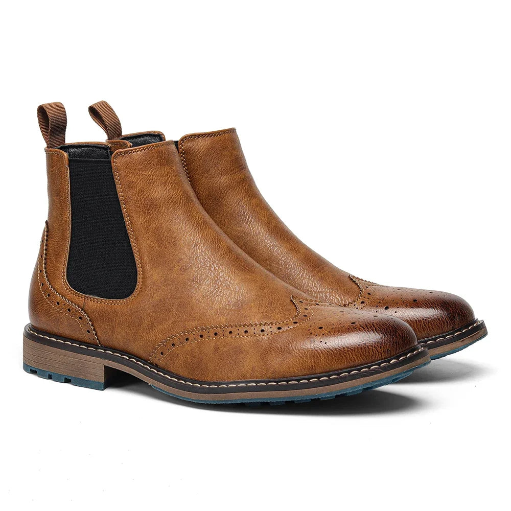 Brogue Chelsea Men's Boots | American Style Comfortable Fashion Leather Boots (Low Heel)
