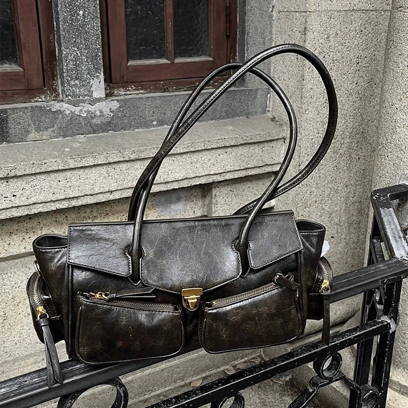 Vintage Underarm Bag for Women | Soft Split Leather Multi-Pocket Shoulder Handbag (Luxury Designer, Half Moon Shape)