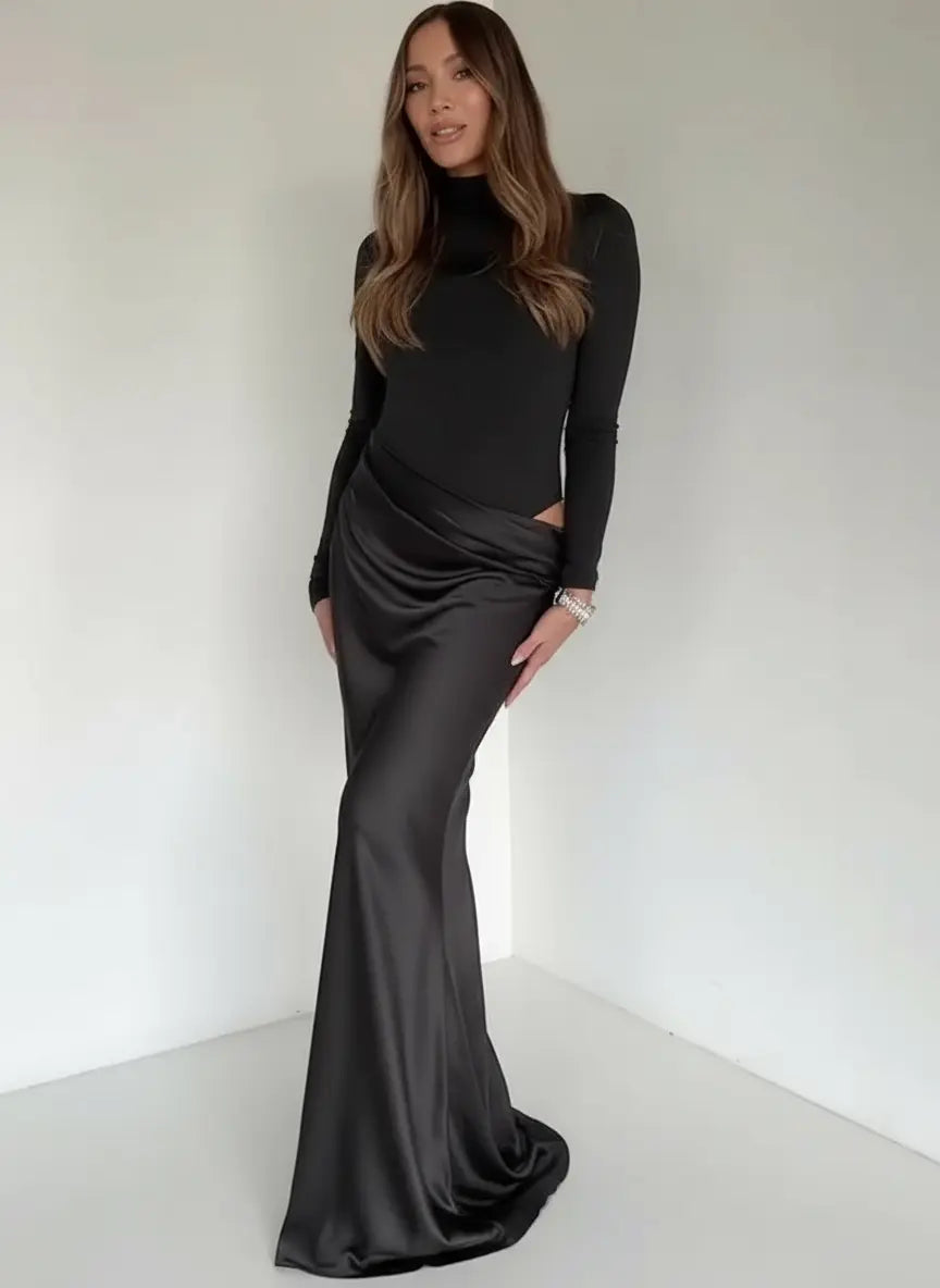 Elegant Patchwork Satin Evening Dress with Turtleneck & Zipper