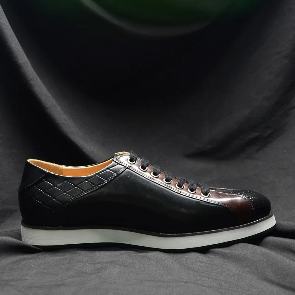 Europe 2024 Fall Luxury Men's Genuine Leather Plaid Casual Shoes | Black & Dark Brown Business Sneakers (Height Increasing)