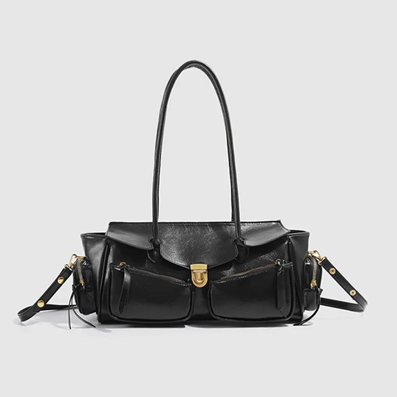 Vintage Underarm Bag for Women | Soft Split Leather Multi-Pocket Shoulder Handbag (Luxury Designer, Half Moon Shape)