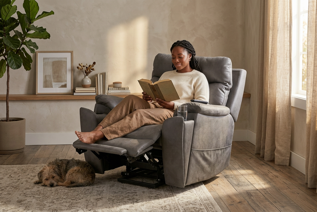 Serenity Slate Grey Ultra Infinite Position Lift Chair with Power Headrest, Heat, Massage & Wireless Charging