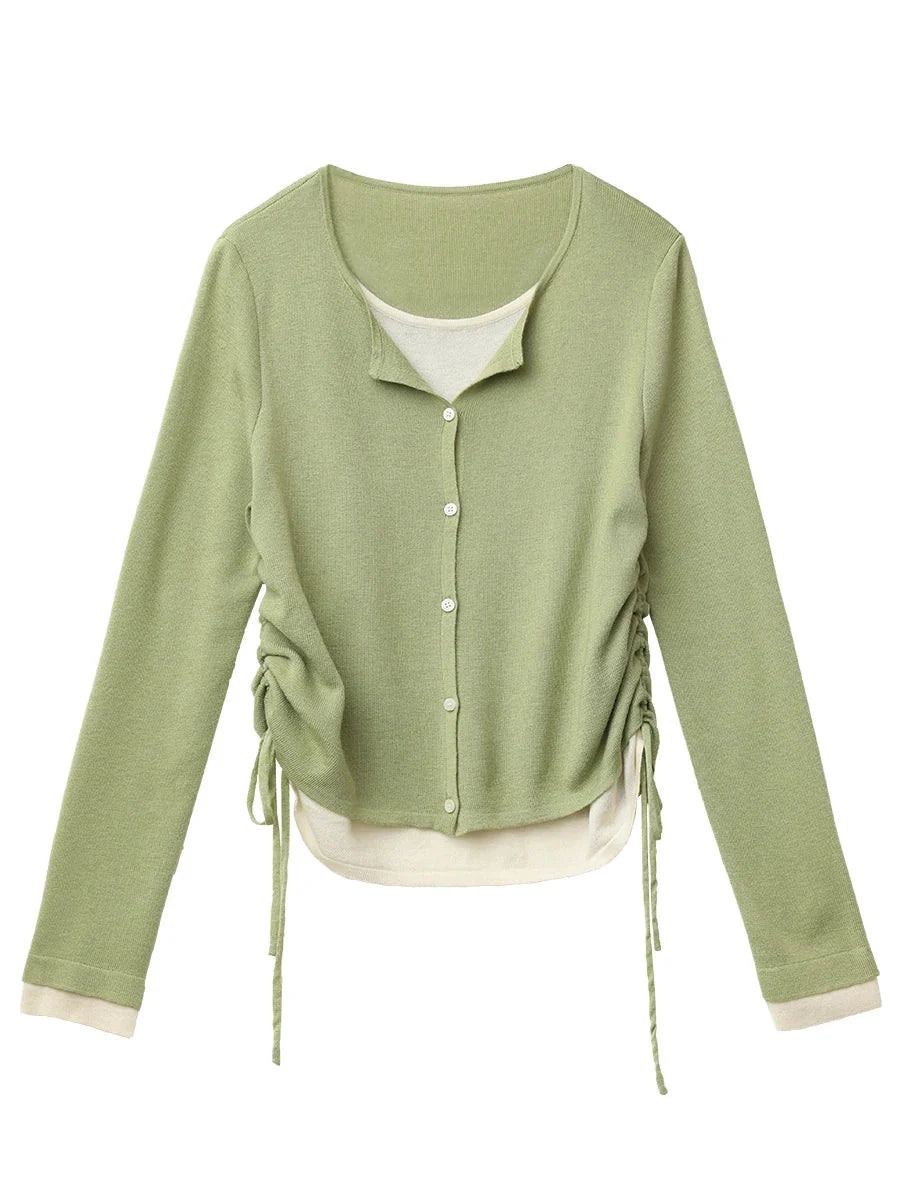 Slim Fit O-Neck Sweater Drawstring Waist Knit Jumper