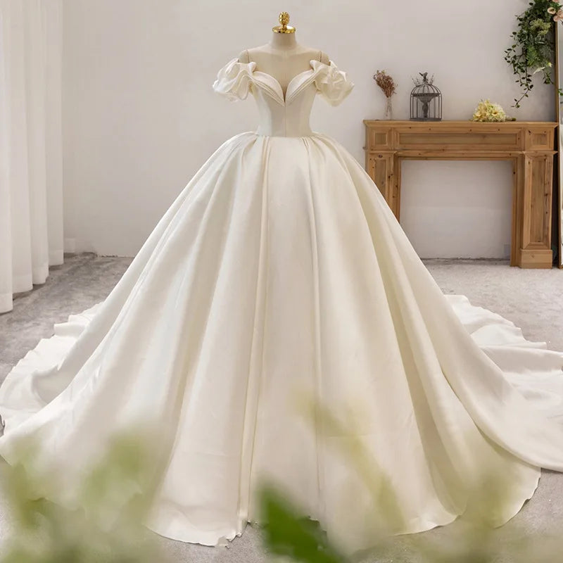 Luxury Satin V-Neck Short Sleeve Wedding Dress EDW459
