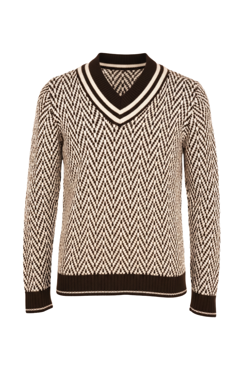 Fedeli Herringbone Virgin Wool V-Neck Knit Sweater