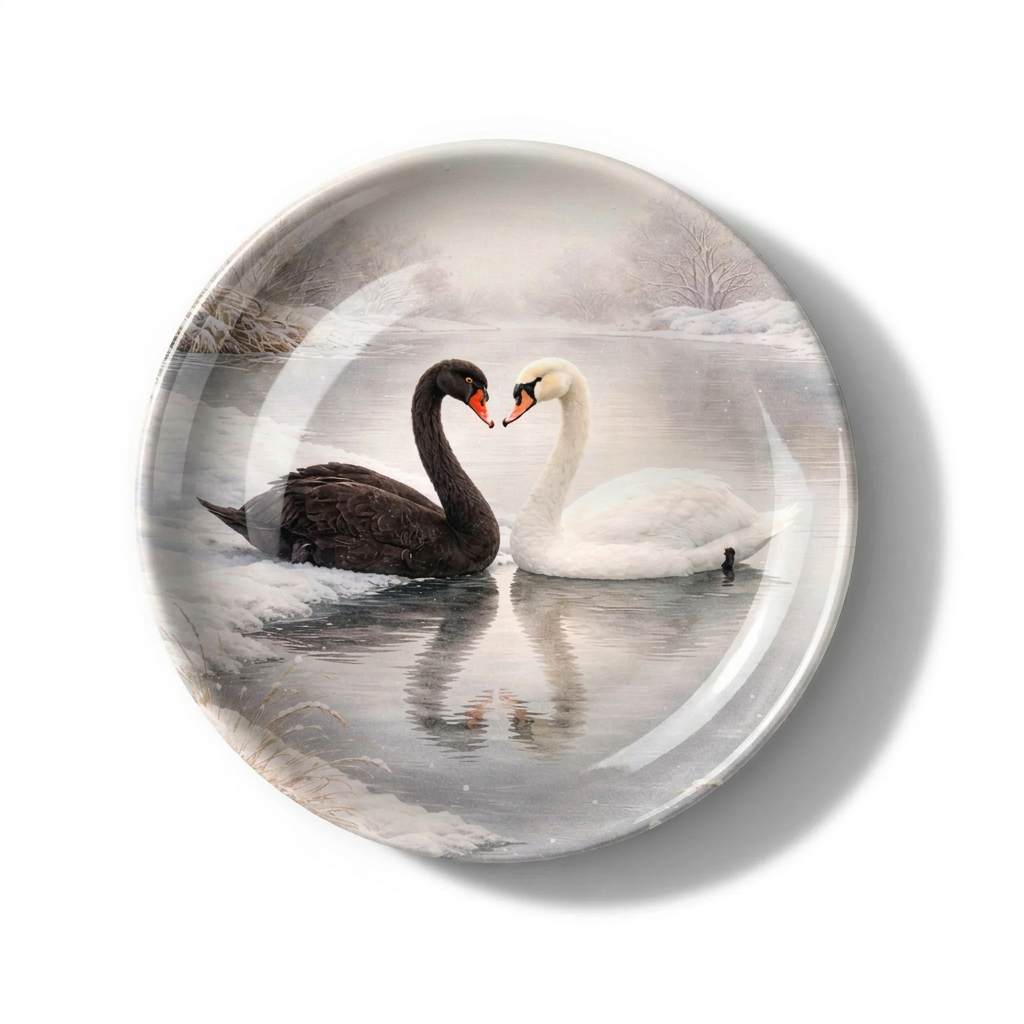 Swan Duet Decorative Birchwood Tray - Mini Round - Set of 2