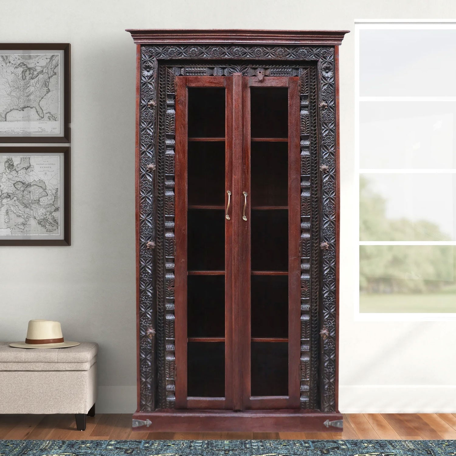1900s Carved Doorframe Upcycled Curio Cabinet With Glass Doors