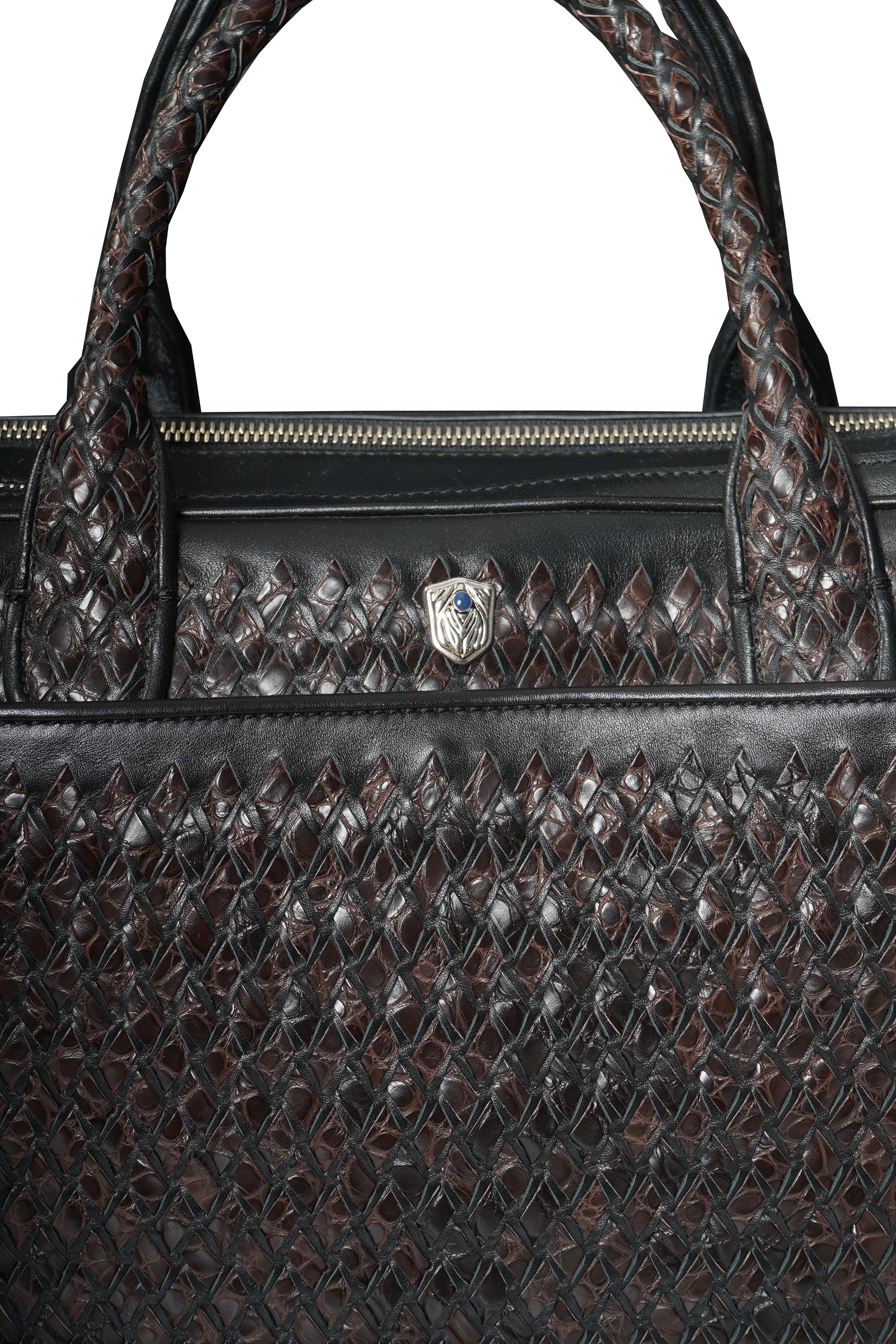 Tardini Woven Full-Grain Calfskin-Alligator Leather Briefcase Bag