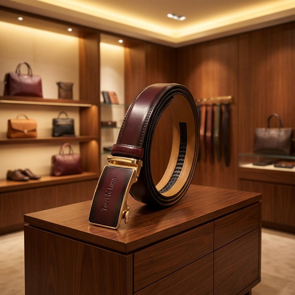 Burgundy Italian Leather Ratchet Belt for Men – Handmade Luxury Smart Belt