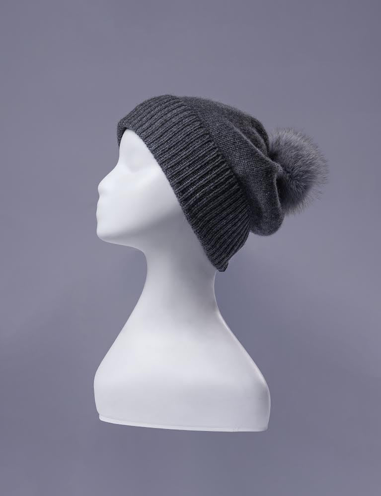 Erdenet: Slouch Pom Hat- 100% Mongolian Cashmere and Real Rabbit Fur