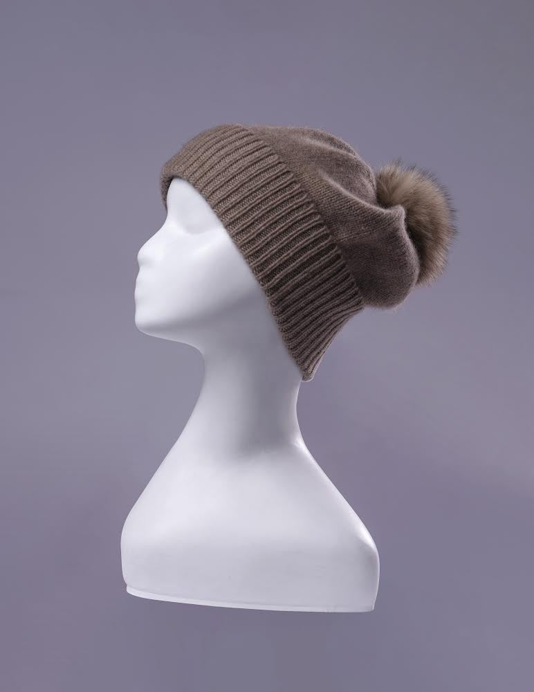 Erdenet: Slouch Pom Hat- 100% Mongolian Cashmere and Real Rabbit Fur