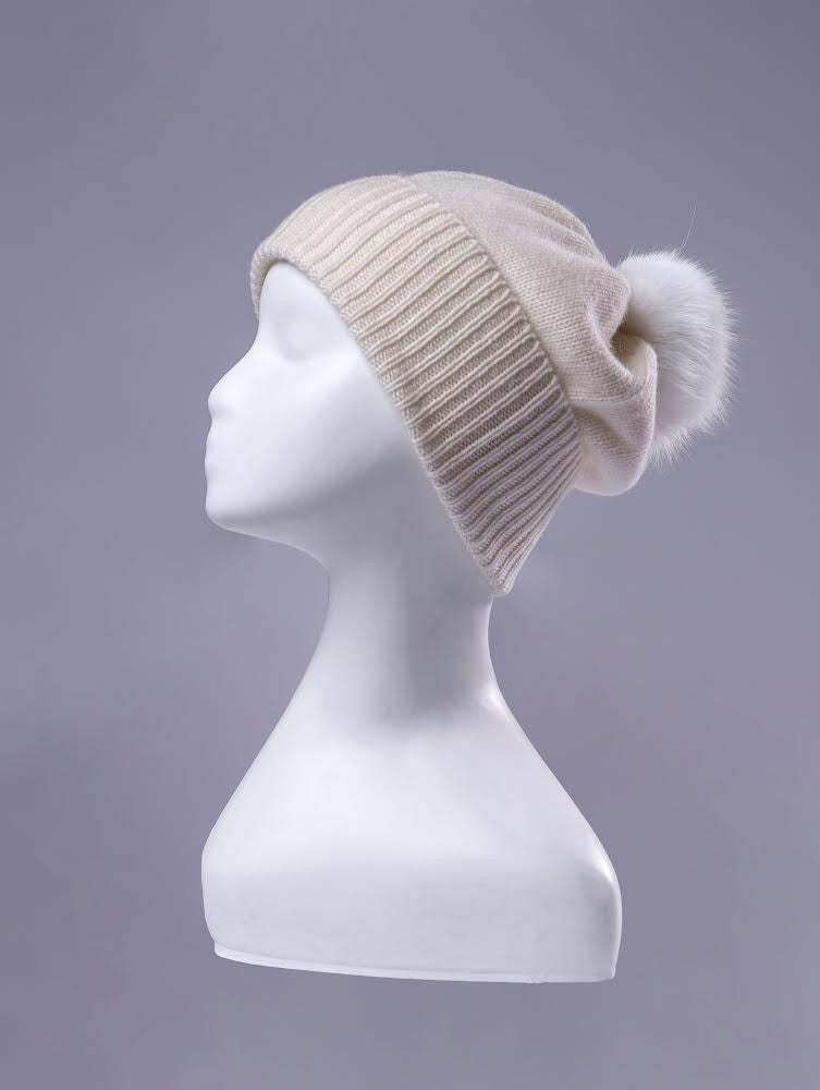 Erdenet: Slouch Pom Hat- 100% Mongolian Cashmere and Real Rabbit Fur