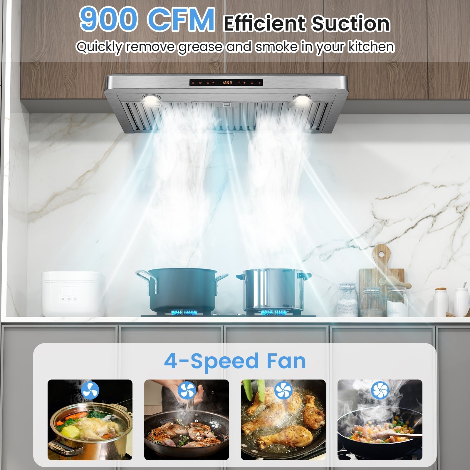35.5/29.5 Inch Under Cabinet Range Hood 900 CFM Kitchen Vent with 4 Fan Speed