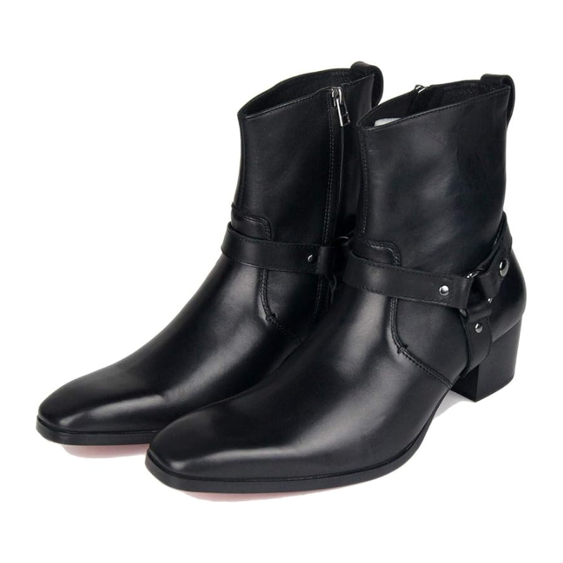 OSSTONE Men Chelsea Ankle Boots Leather Heeled Boots With Side Zipper Cuban Heel Dress Boots Disco Shoes OZ-JY002-black-belt