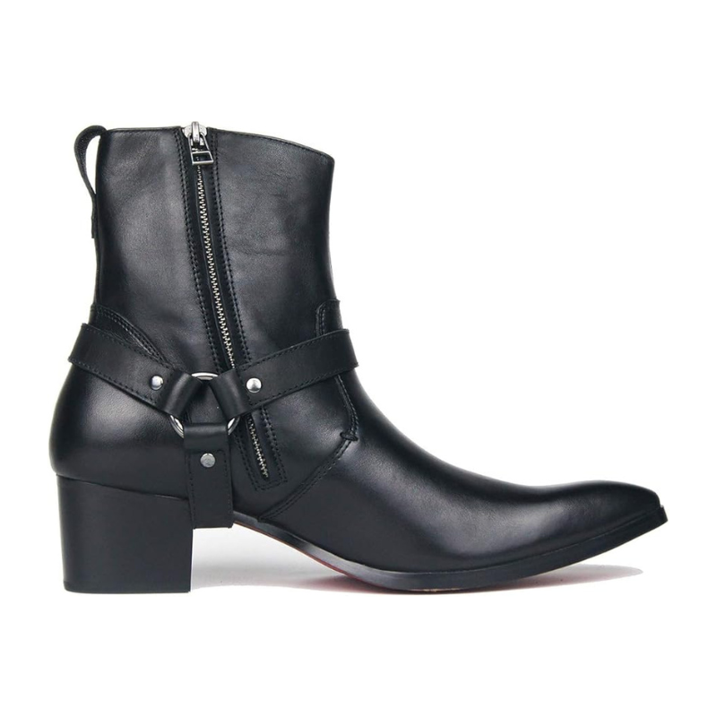 OSSTONE Men Chelsea Ankle Boots Leather Heeled Boots With Side Zipper Cuban Heel Dress Boots Disco Shoes OZ-JY002-black-belt