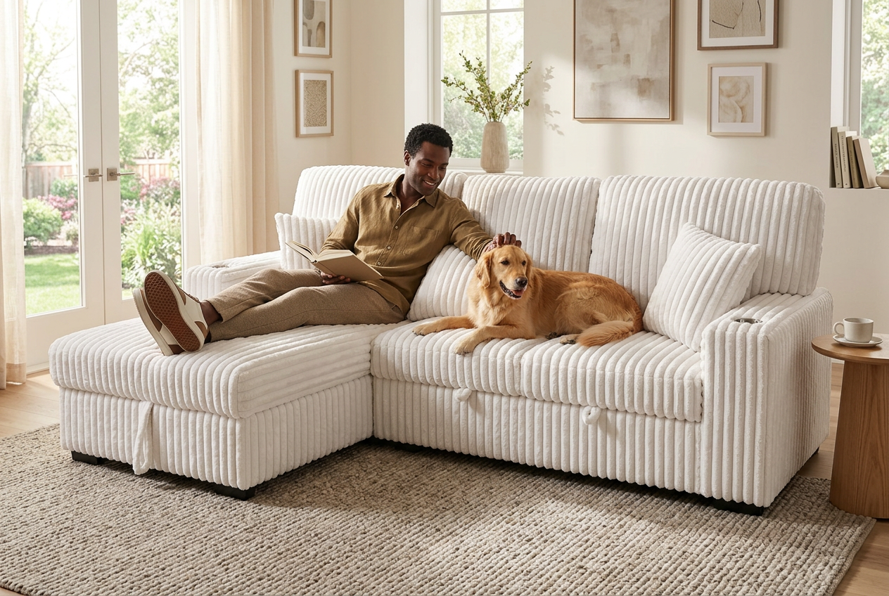 Venice Ivory Corduroy Storage Sleeper Sectional w/ Dual Cupholders & USB Ports