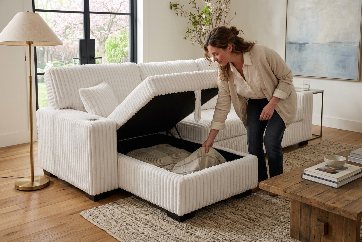 Venice Ivory Corduroy Storage Sleeper Sectional w/ Dual Cupholders & USB Ports