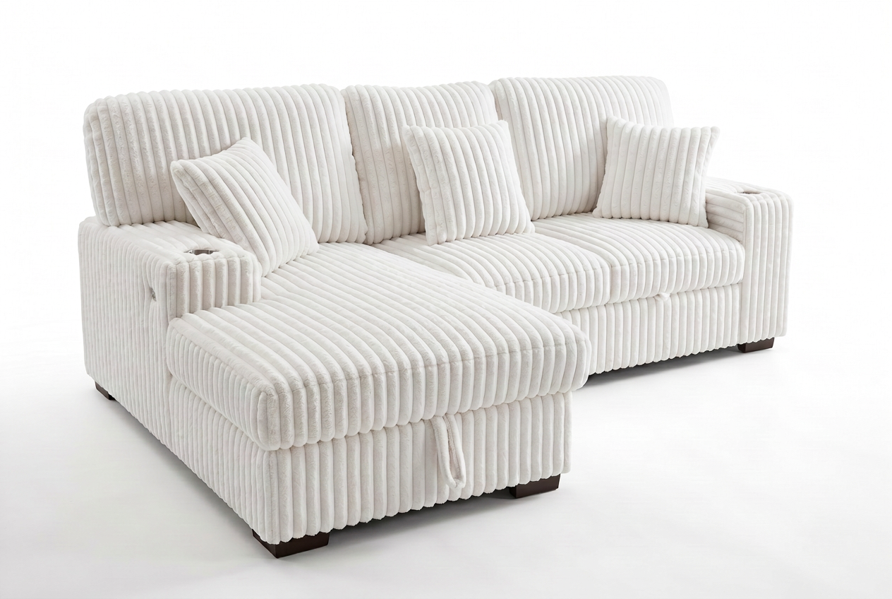 Venice Ivory Corduroy Storage Sleeper Sectional w/ Dual Cupholders & USB Ports