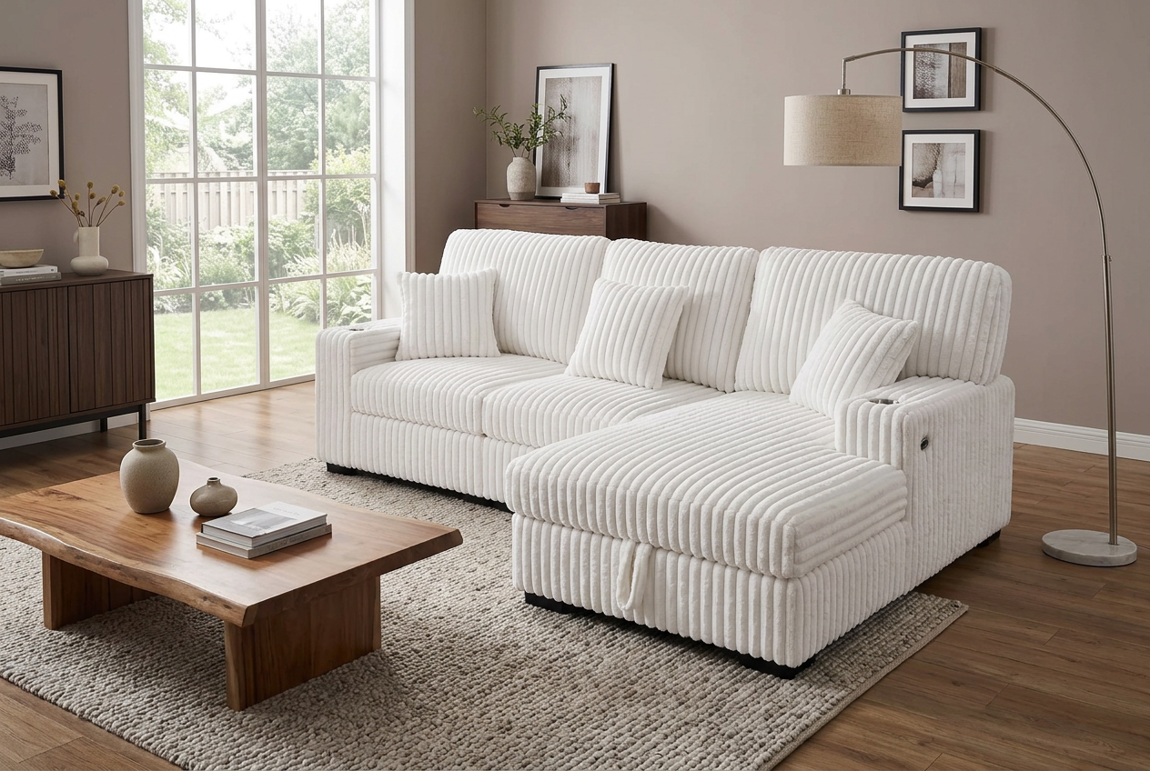 Venice Ivory Corduroy Storage Sleeper Sectional w/ Dual Cupholders & USB Ports