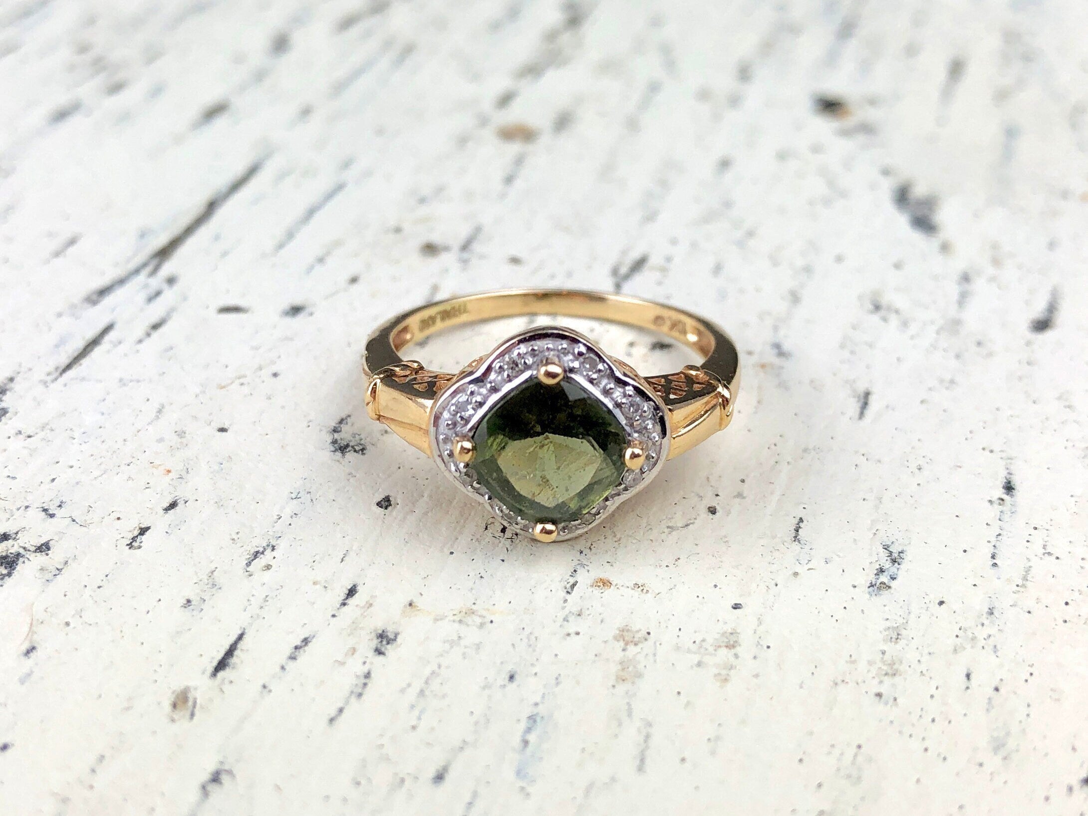 Vintage 10k Gold Ring with Natural Green Peridot and Diamond Halo. Gift for Her.