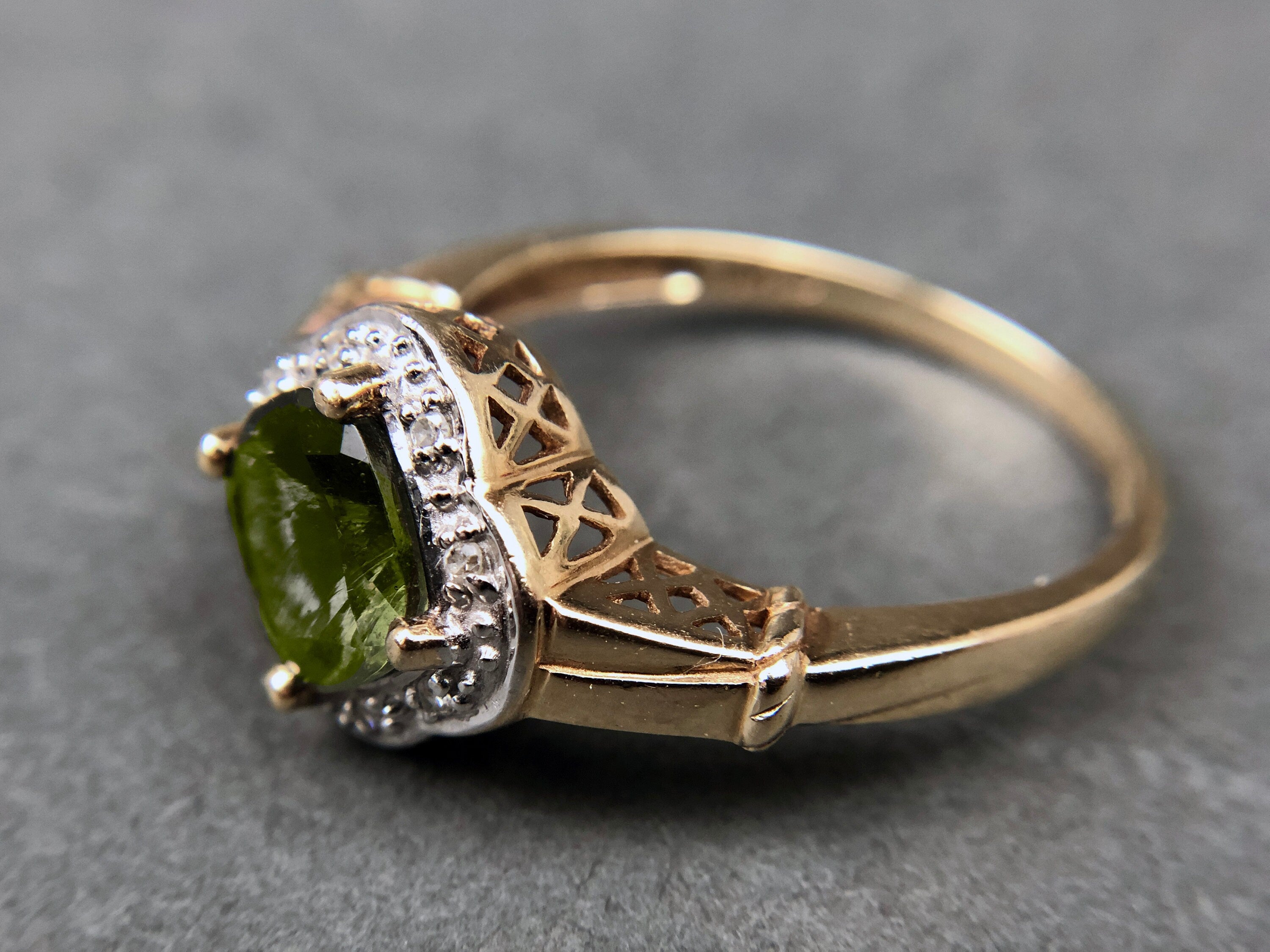 Vintage 10k Gold Ring with Natural Green Peridot and Diamond Halo. Gift for Her.