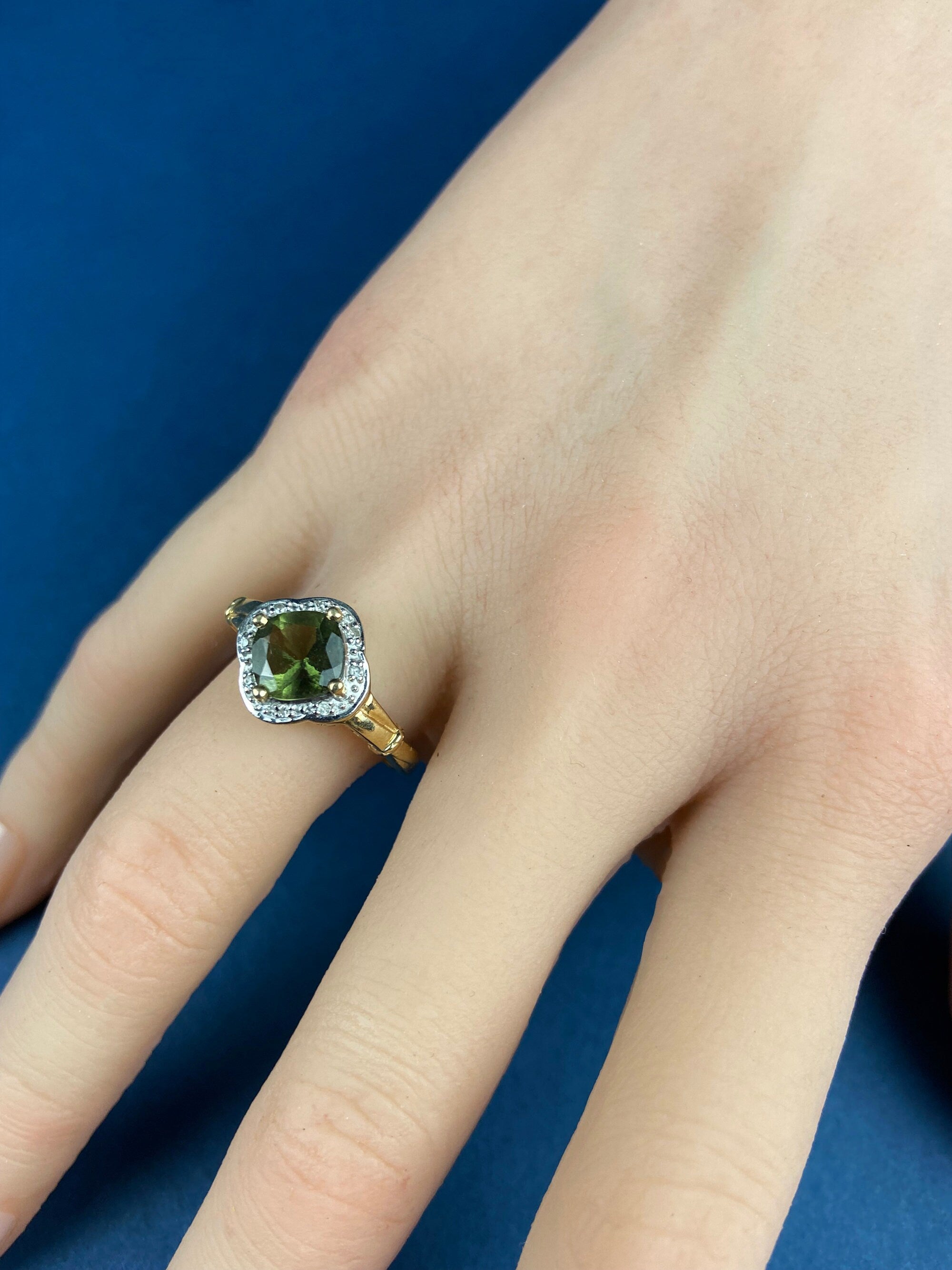 Vintage 10k Gold Ring with Natural Green Peridot and Diamond Halo. Gift for Her.