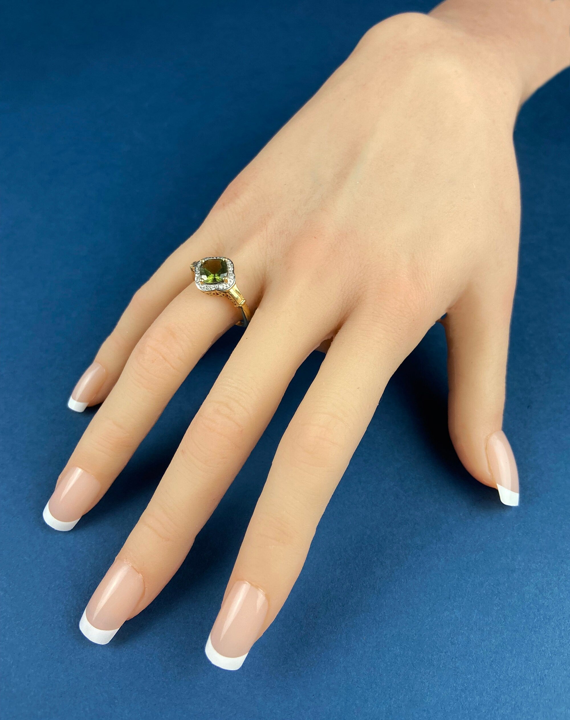 Vintage 10k Gold Ring with Natural Green Peridot and Diamond Halo. Gift for Her.