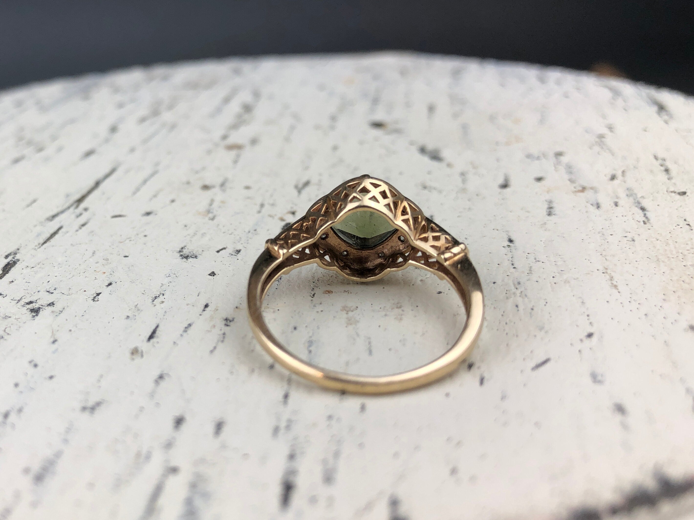 Vintage 10k Gold Ring with Natural Green Peridot and Diamond Halo. Gift for Her.