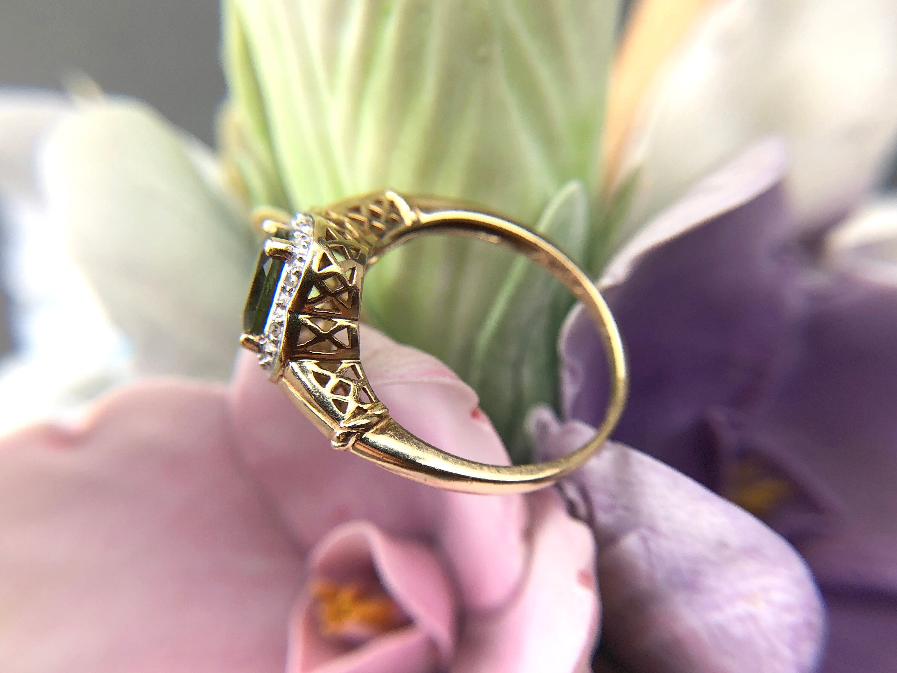 Vintage 10k Gold Ring with Natural Green Peridot and Diamond Halo. Gift for Her.