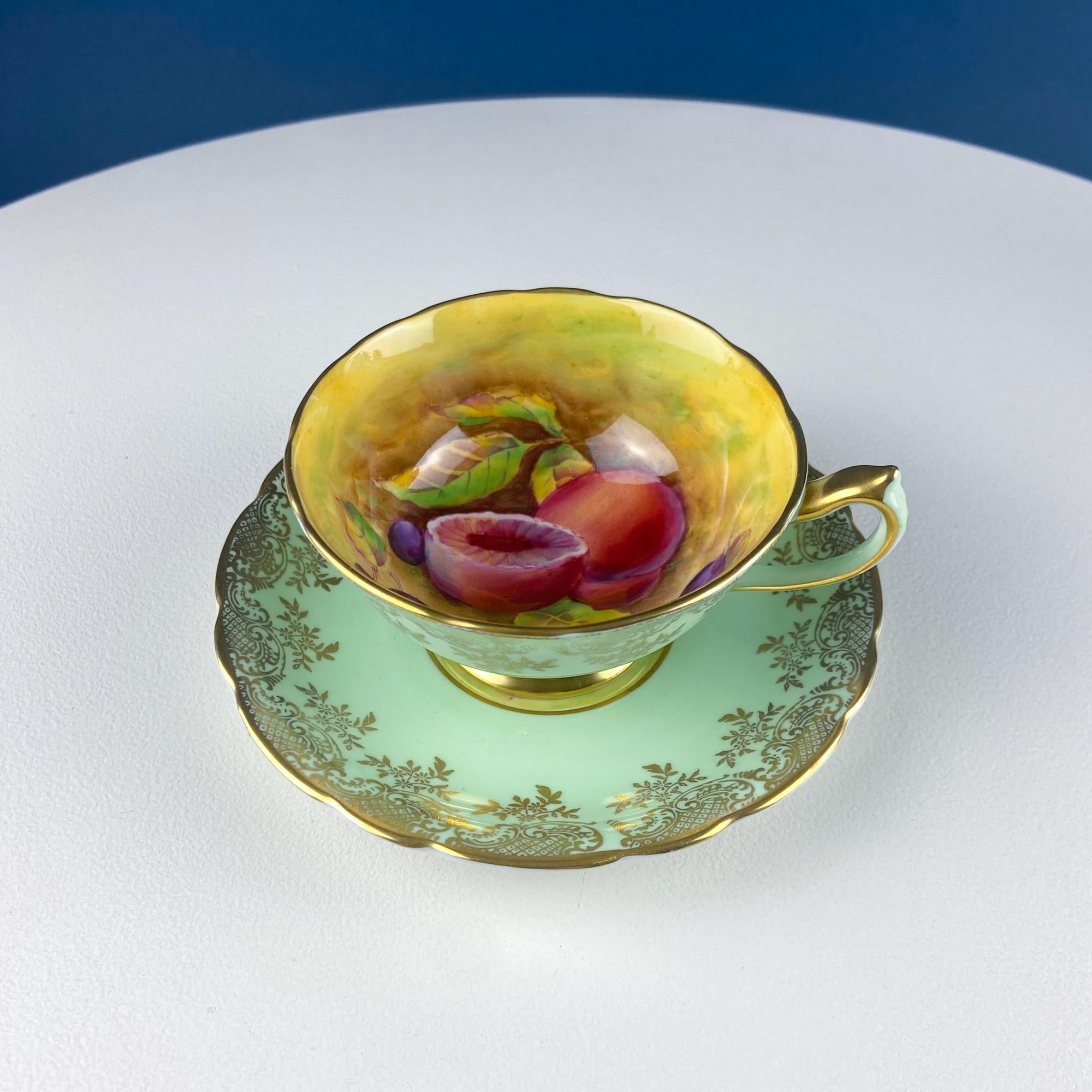 Vintage Mint Green and Gold Tea Cup & Saucer with Fruit Motif. Paragon Fine Bone China. Peaches, Plums, Berries. Gift for Him Her Tea Lover.