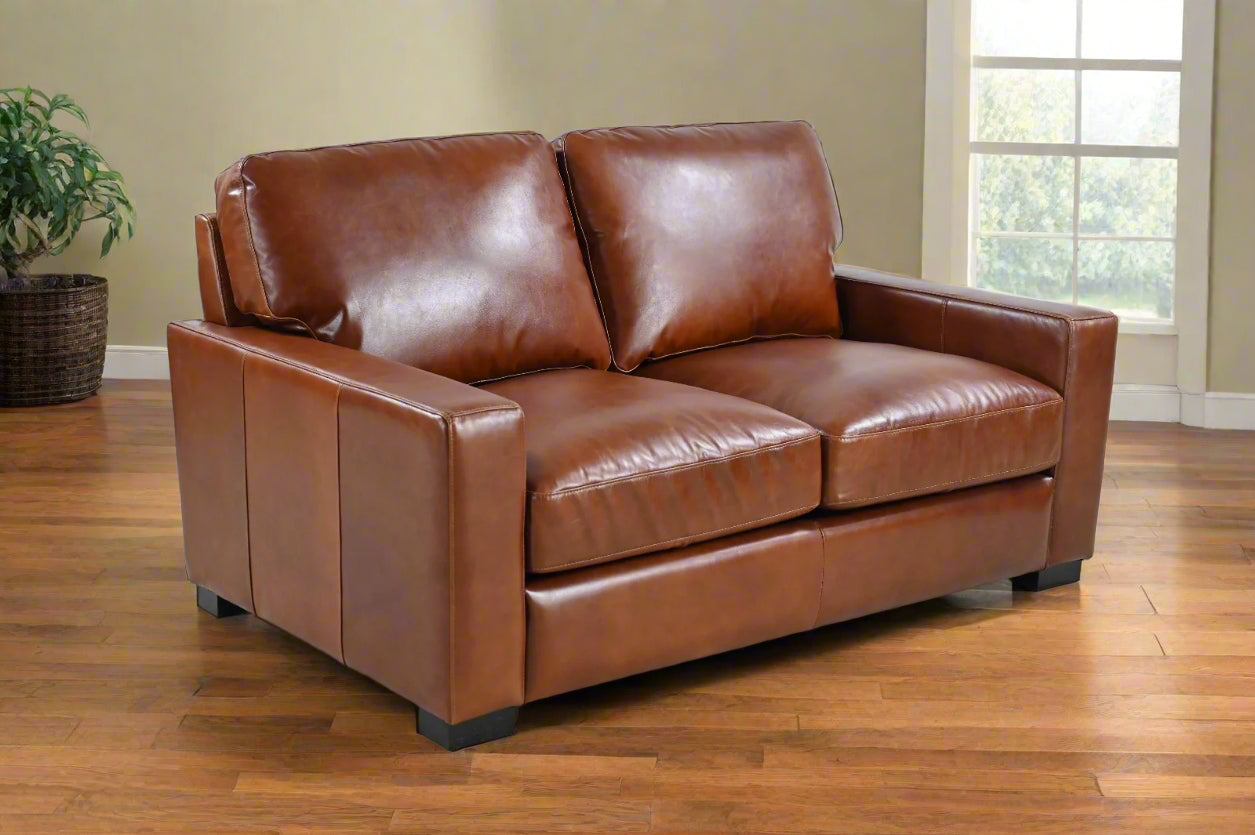 Claudette Top Grain Leather Love Seat - Chestnut