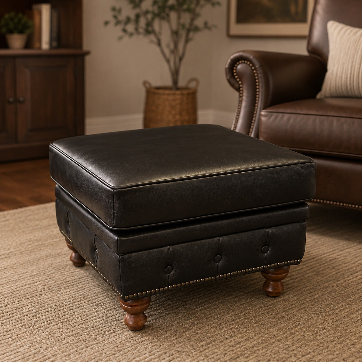 Chesterfield Leather Ottoman - Slate