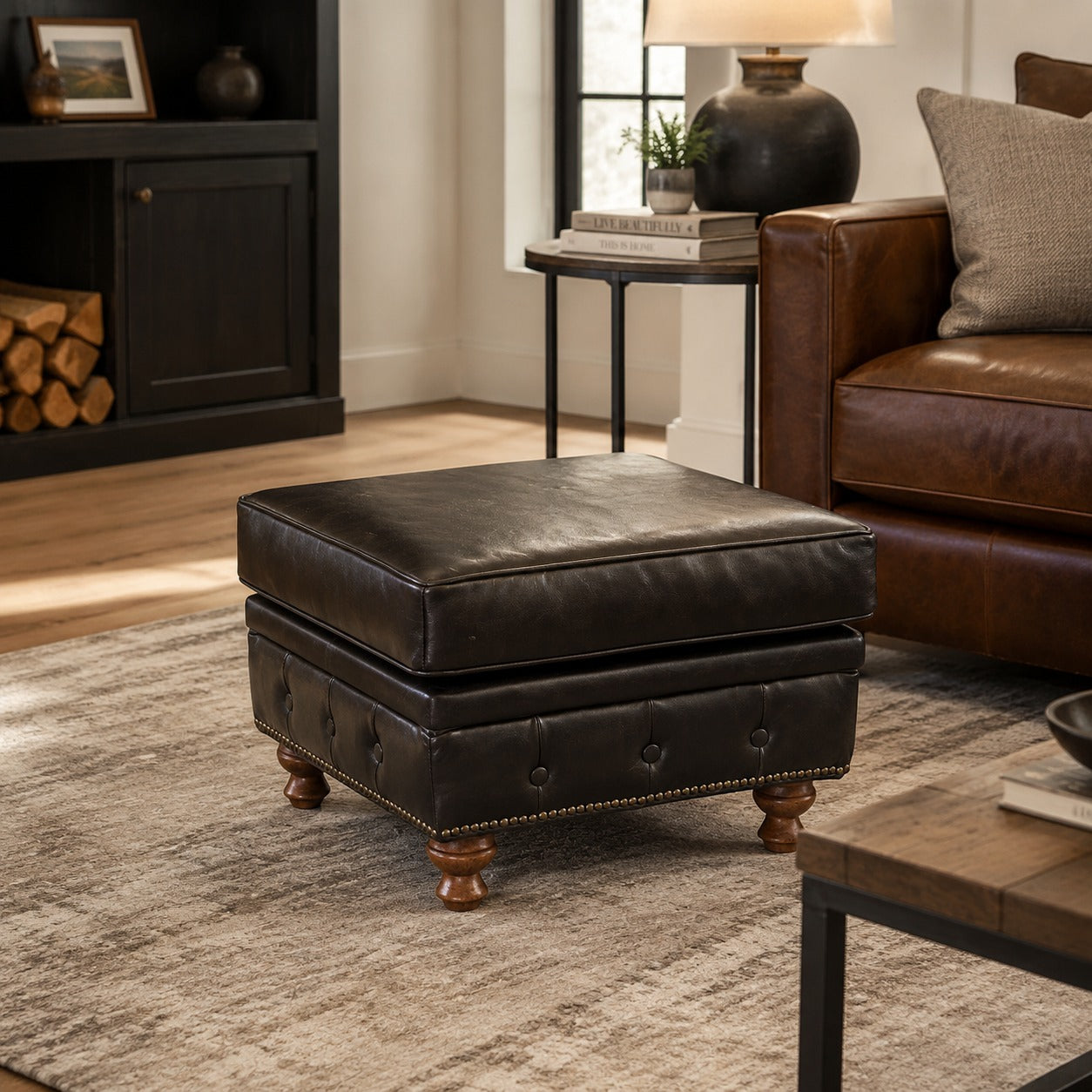 Chesterfield Leather Ottoman - Slate