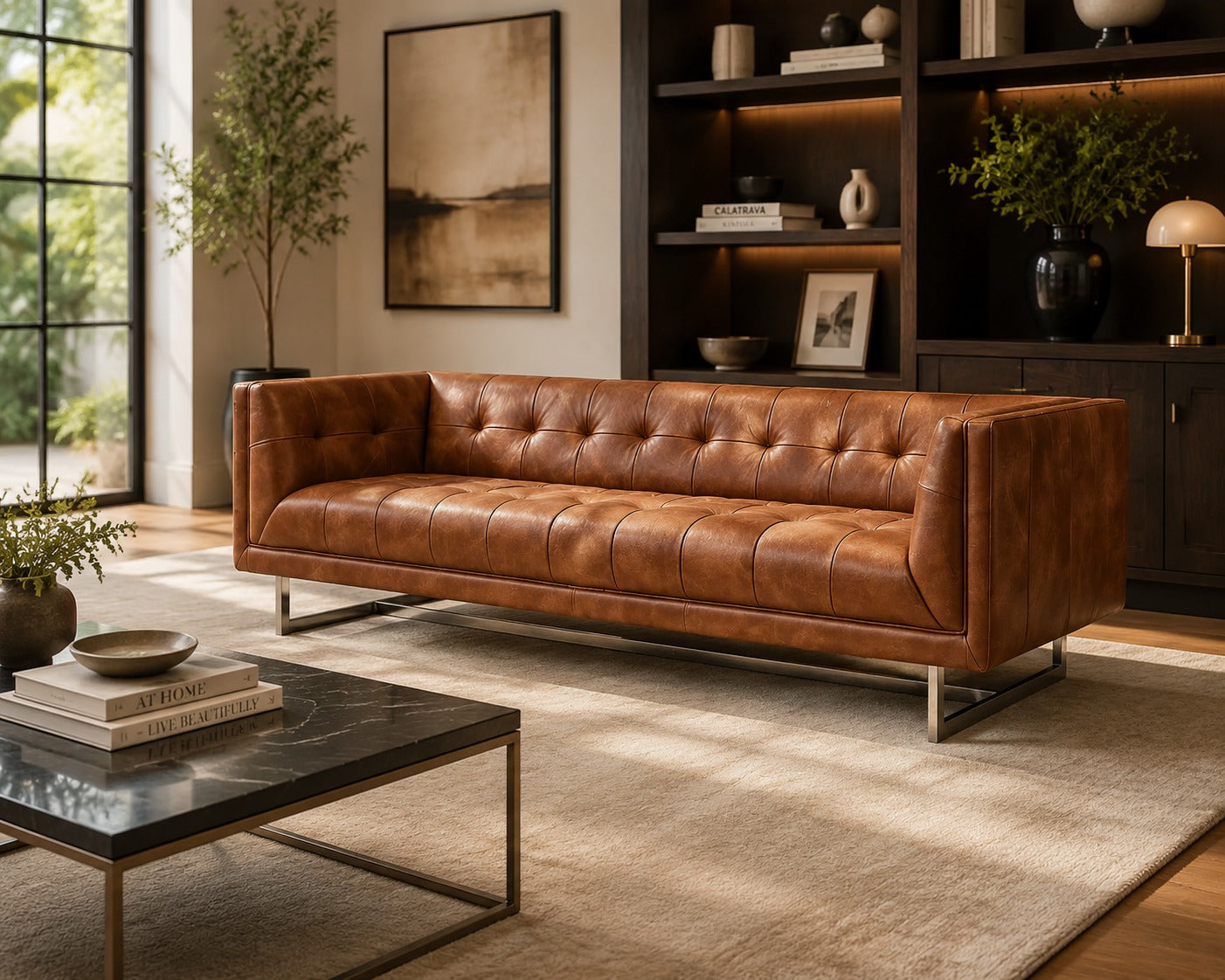 Taylor Contemporary Tufted Sofa - Light Brown Leather