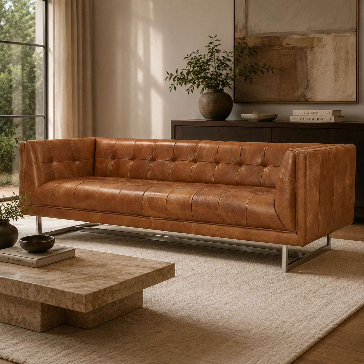 Taylor Contemporary Tufted Sofa - Light Brown Leather