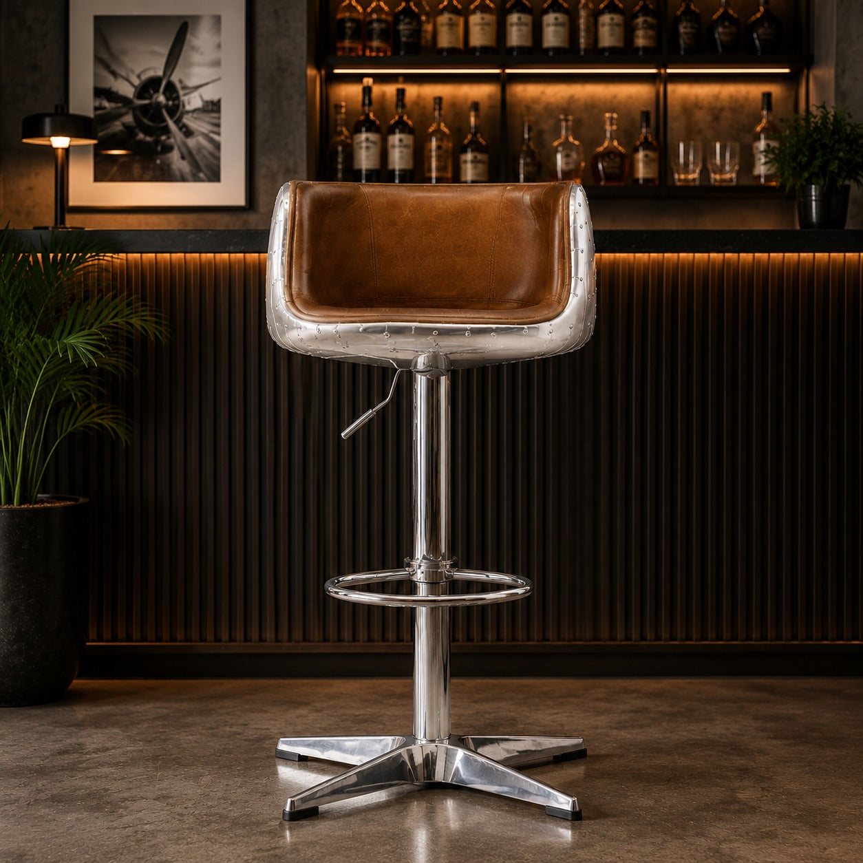 Aviator Adjustable Height Bar Stool - Light Brown Leather