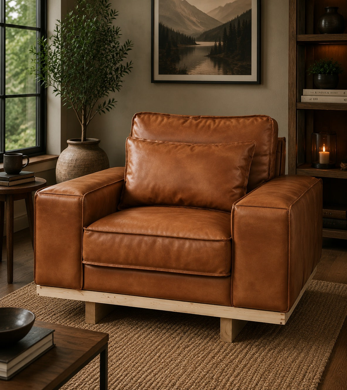 Wainscot Top Grain Leather Arm Chair - Light Chestnut
