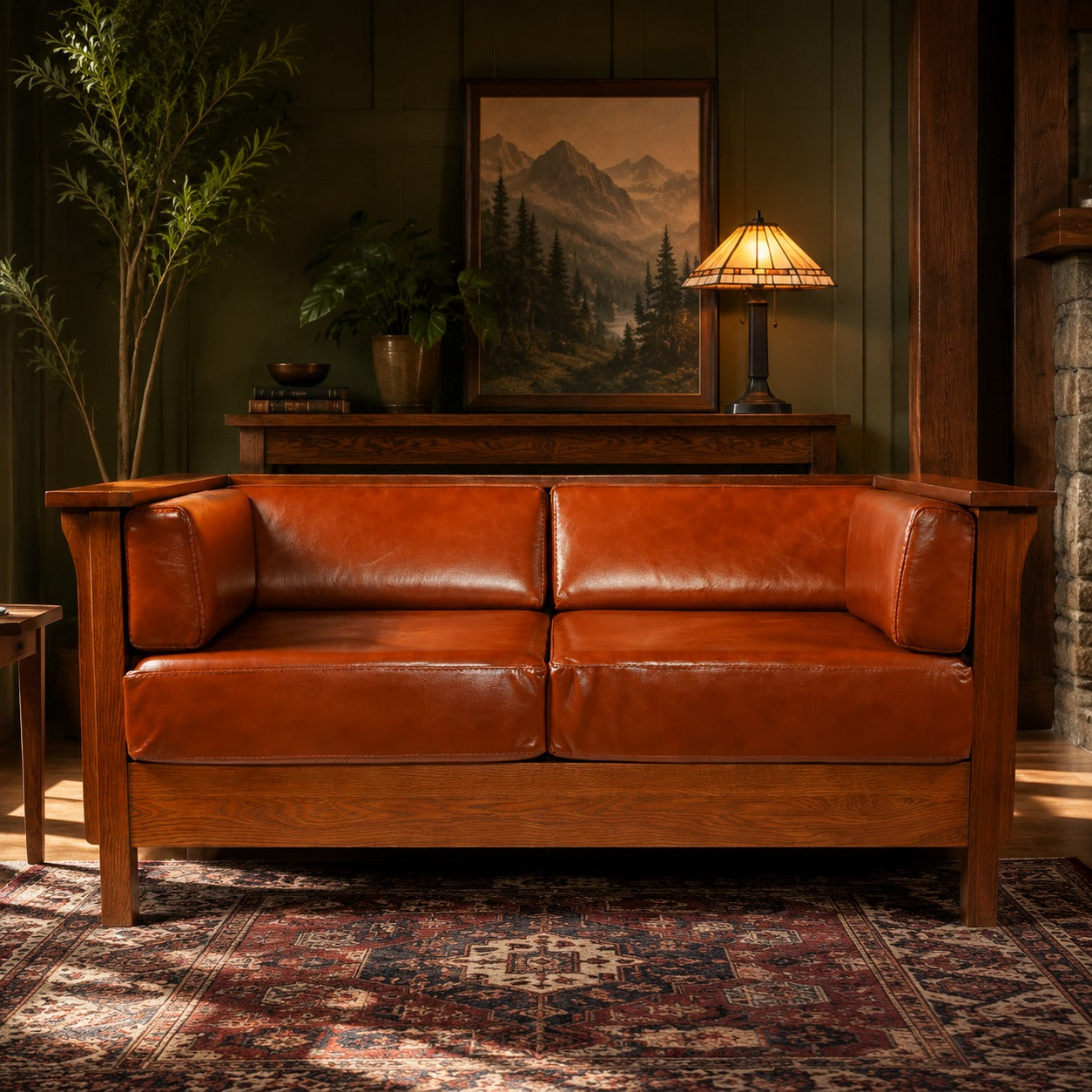 Craftsman Cubic Panel Side Love Seat - Russet Brown Leather