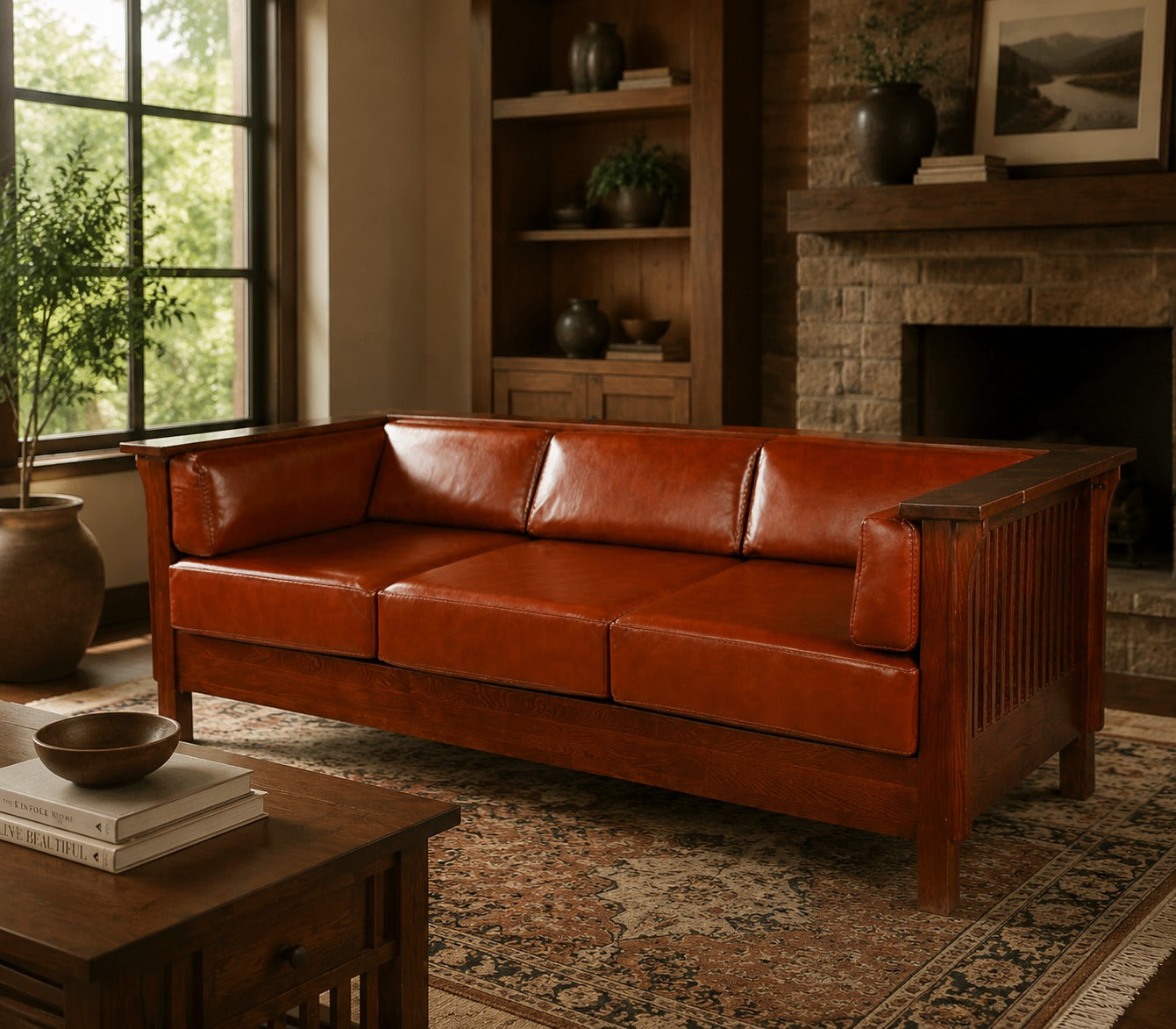 Mission / Craftsman Cubic Slat Side Sofa - Russet Brown Leather (RB2)