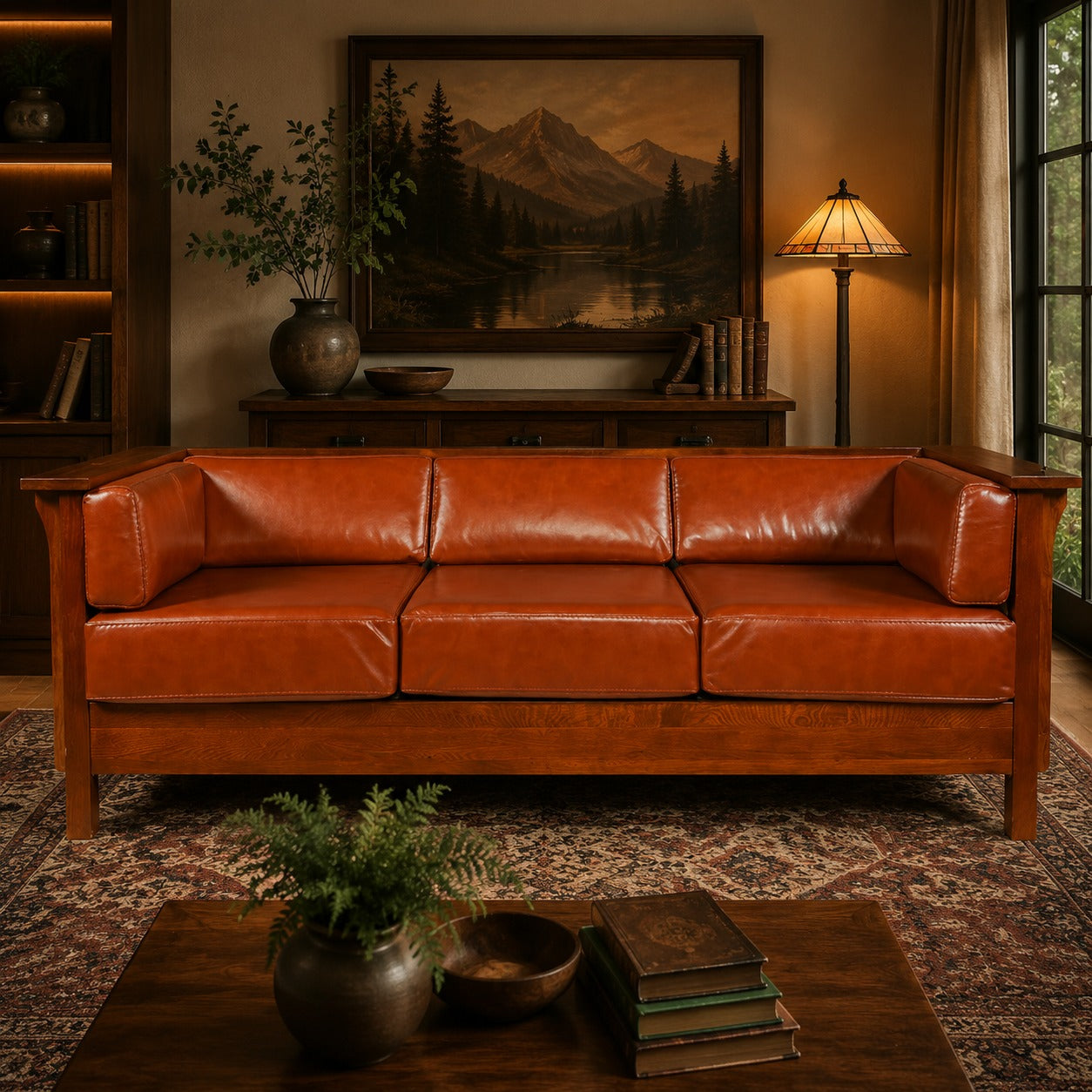 Mission / Craftsman Cubic Slat Side Sofa - Russet Brown Leather (RB2)