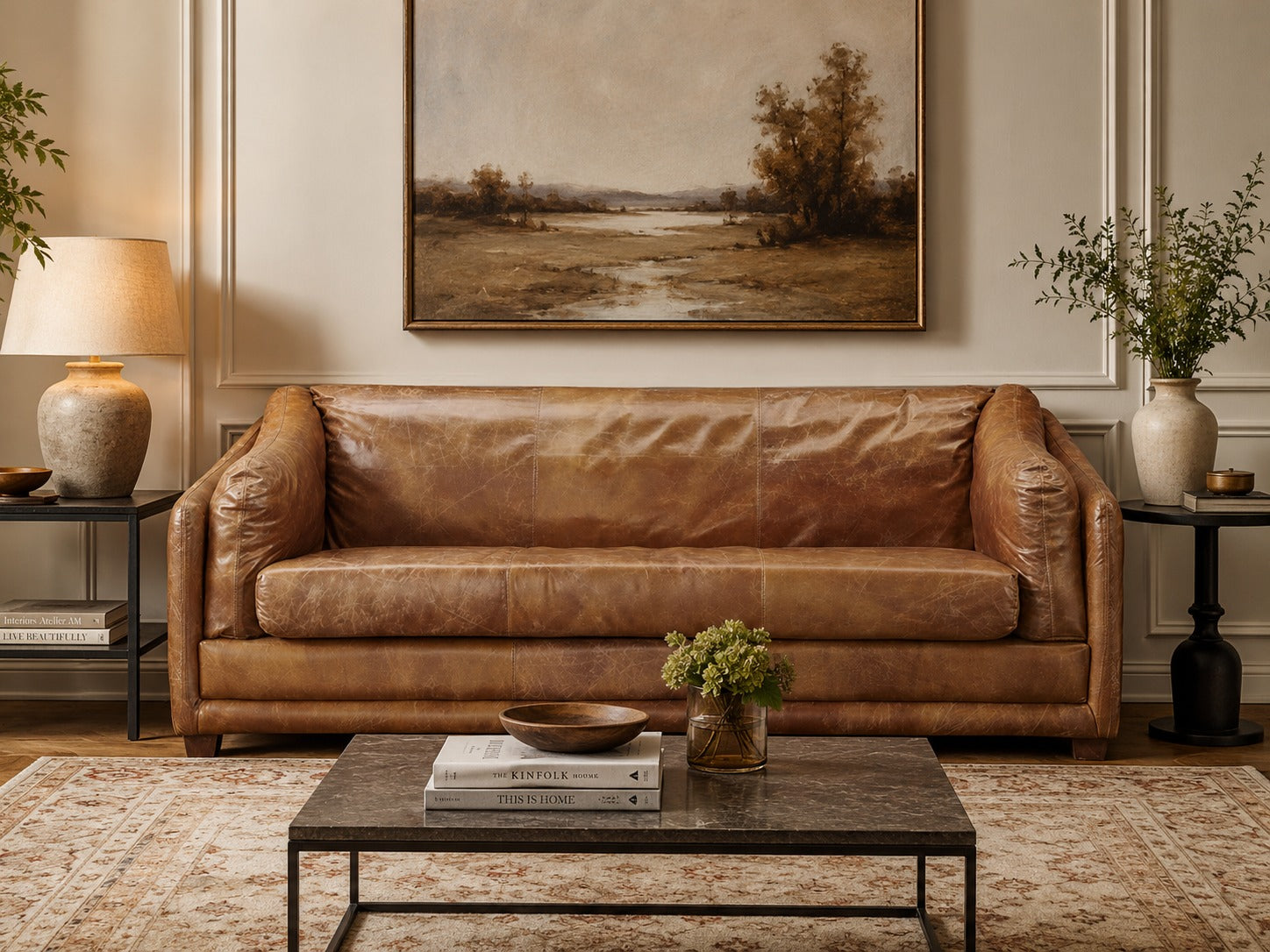 Waco Rustic Modern Sofa - Light Brown Leather