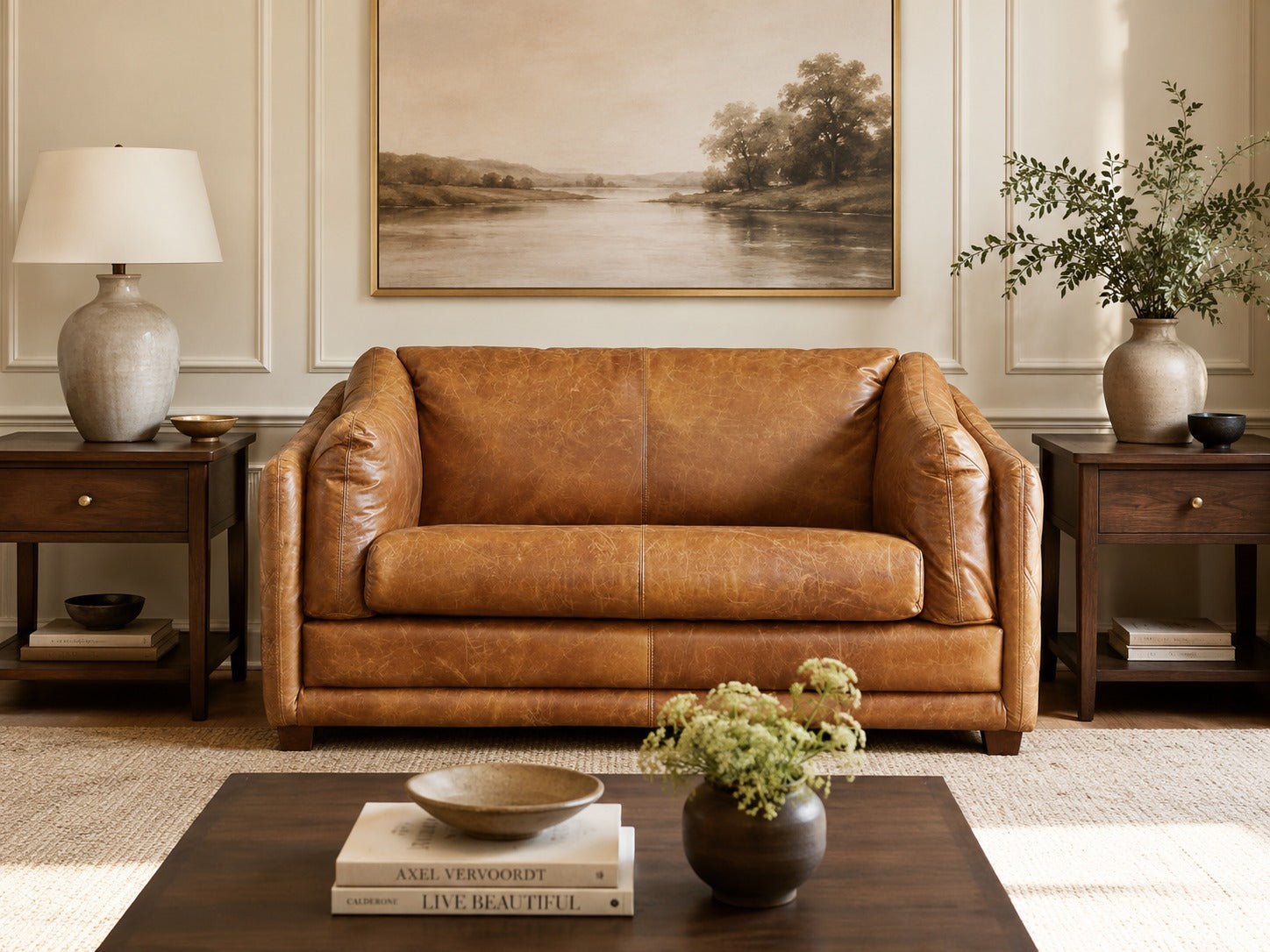 Waco Rustic Modern Love Seat - Light Brown Leather
