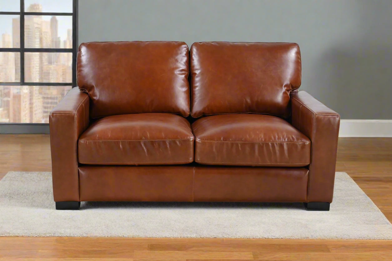 Claudette Top Grain Leather Love Seat - Chestnut
